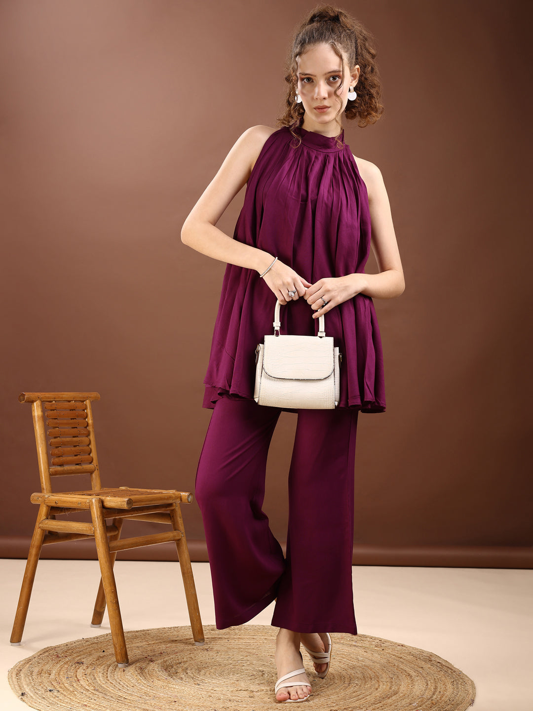 Wine Colored Halter Neck Rayon Sleeveless Top With Bell Bottom Pant Co-ords Set